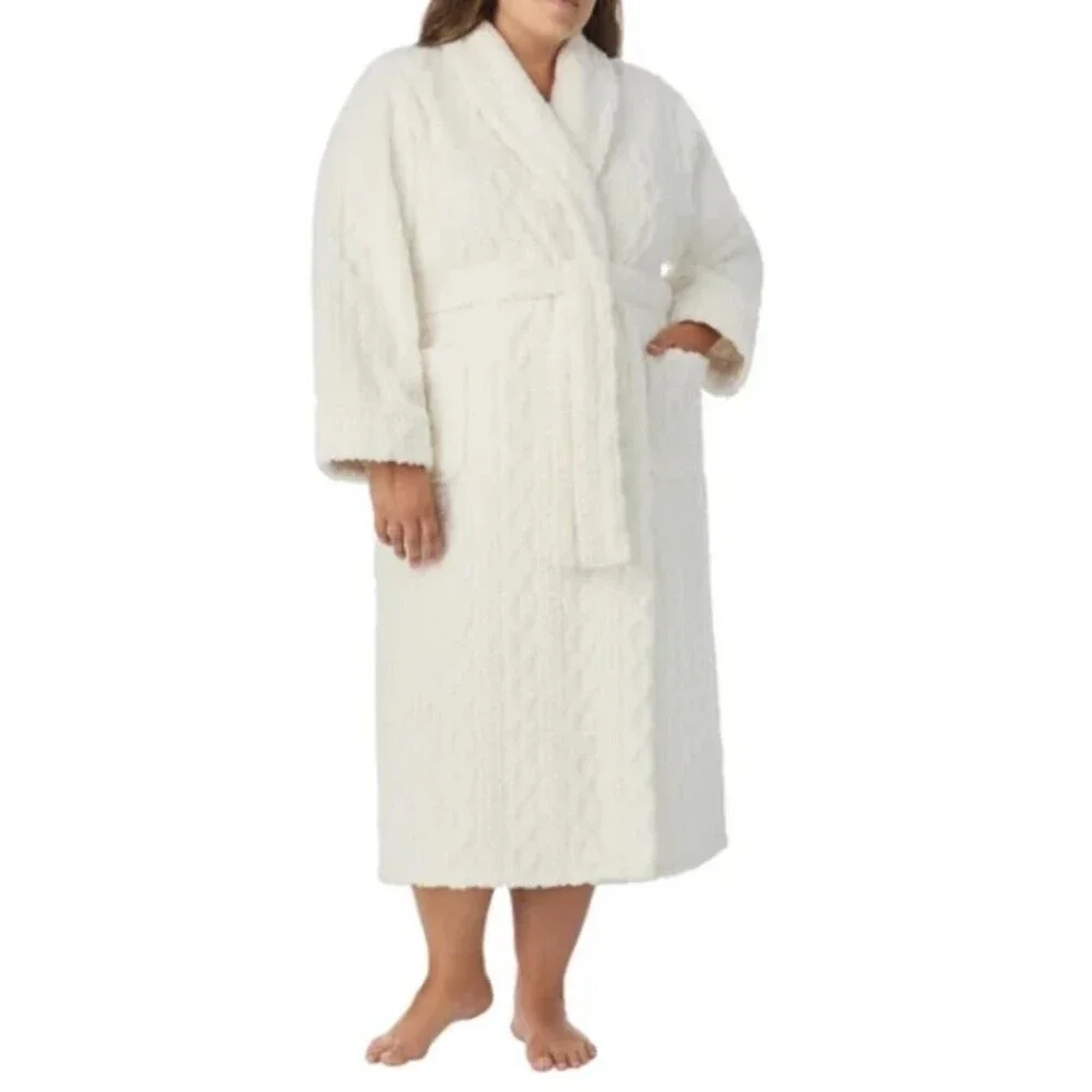 Room Service Womens Robe 2X Full Length Plush Ivory Cozy Lounge Cuffs Cable NEW